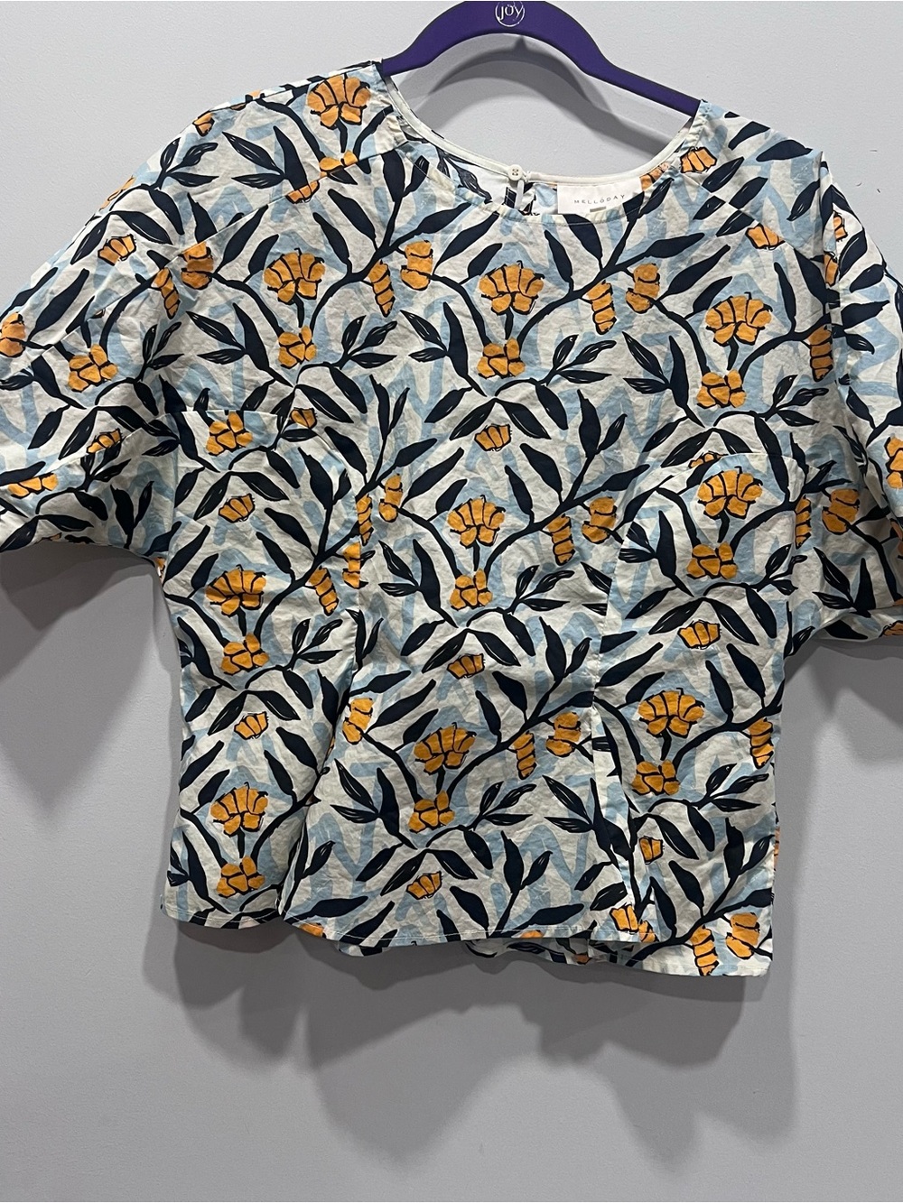 MELLODAY Floral Short Sleeve Blouse - Yellow & Navy on White